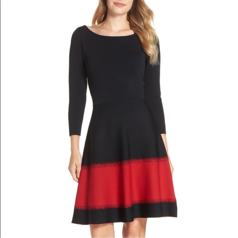 Eliza J Dress Size 1X Fit And Flare A Line Stretch Knit Boat Neck Black Red